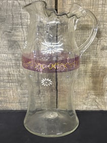 Antique Blown Glass Hand Painted Ruffled Edge Pitcher 4"X6"X10"