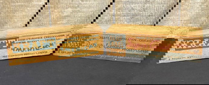 Pair Of Early Wooden Kraft And Blue Label Cheese Boxes 3"X10"X3"