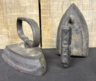 Pair Of Early Cast Iron Flat Irons Including Wapak Iron 4"X6"X5"