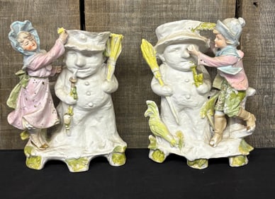 Pair Of Victorian Style Bisque Spill Vases With Depiction Of Children Building Snowmen 3"X5"X7"