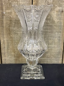 Elegant Tall Cut Glass Vase with Paneled Sides, Square Base and Jeweled Stem 7"X7"X14"