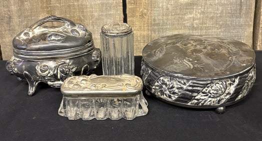 Two Antique Hinged Jewelry Trinket Boxes, Antique Glass Vanity Jar, Antique Glass English Hat Pin