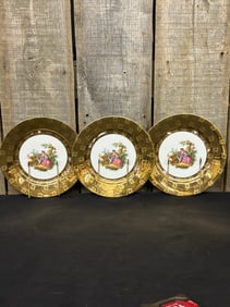 Set of Three Victorian Schlaggenwald Warranted 22 K Gold Encrusted Victorian 9.75" Plates, Made in