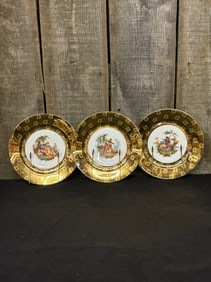 Set of Three Victorian Schlaggenwald Warranted 22 K Gold Encrusted Victorian 9.75" Plates, Made in