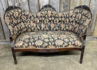 Beautiful Walnut Victorian Sofa, Carved Rose Back 25"X52"X30"
