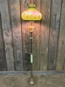 Vintage Mid-Century Hurricane Style Hand Painted Brass Corded Floor Lamp 12"X12"X62"