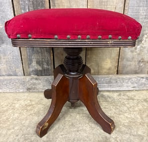 Antique Victorian Original Red Mohair Upholstered Organ Stool 1870s 15"X16"X18"