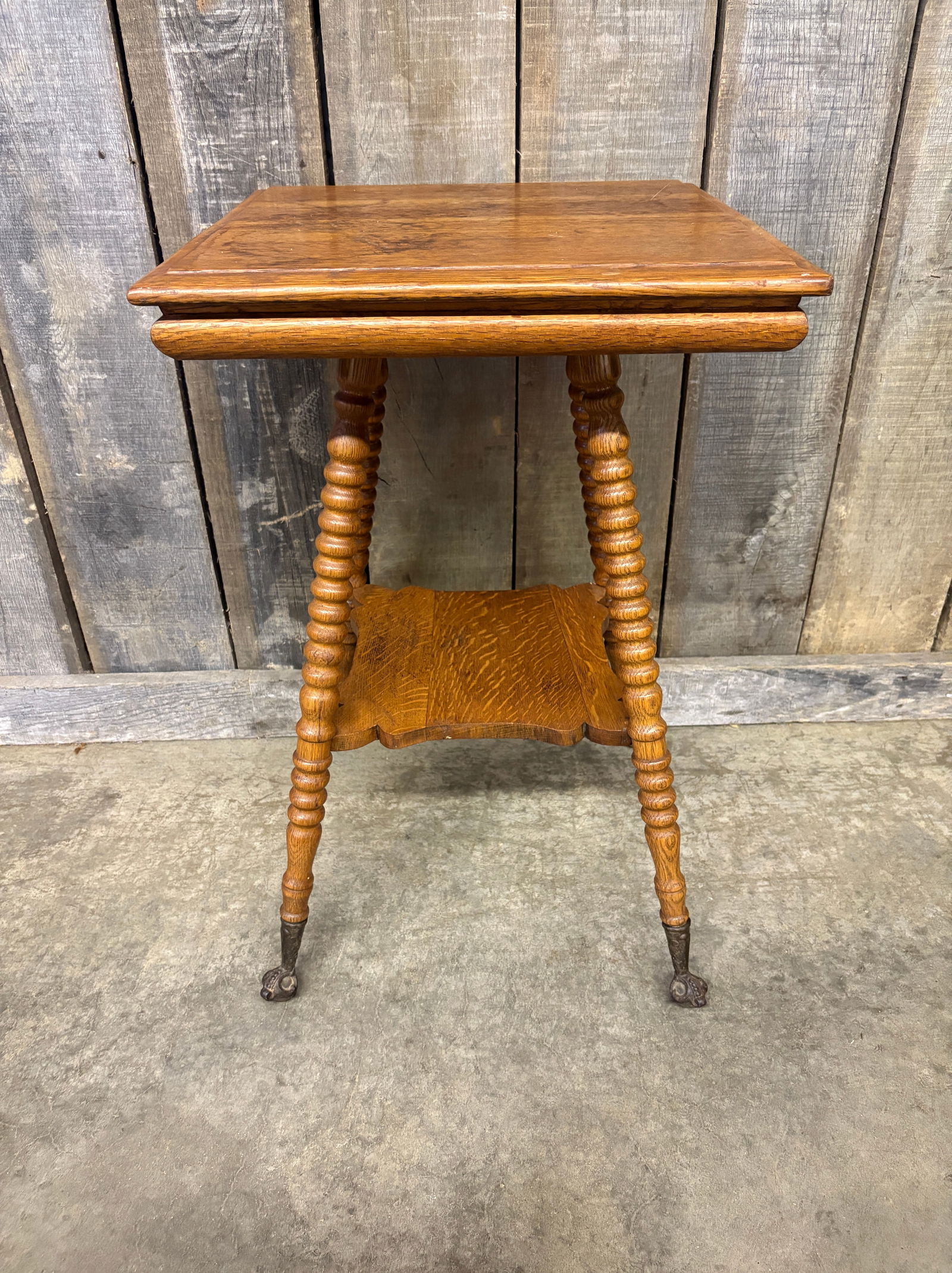 1940s Tiger Oak Parlor Table Two-Tier Square Quarter Sawn Bobbin Legs 18"X18"X28" (1 of 4)