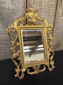 Antique Ornate Gilded Cast Iron Mirror 8"X12"X4"