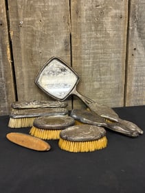 Collection of Antique Vanity Brushes, Mirror 9"X5"