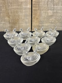 Set Of 10 Vintage Miniature Clear Glass Hens on Nests 2.5"X2"