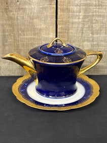 William Guerin (W.G. & Co.) Limoges Cobalt Blue and Gold Teapot and Saucer Plate 5"X10"X6"