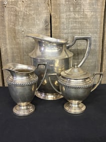 Antique Silver Plate Pitcher, Cream and Sugar 6"X8"X8"