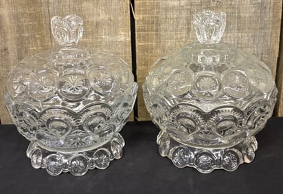 Two 1930s LG Wright Moon Stars Covered Compote Display Bowls 5"X5"X7"