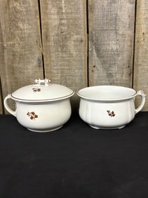 Two (2) Antique Thomas Furnival & Sons Ironstone China Chamber Pots in Tealeaf Design, England