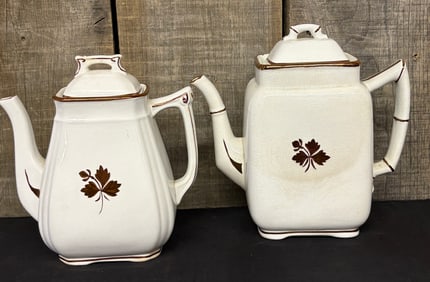 Two (2) Antique Royal Ironstone China Tea Pots w/ Lids in Tea Leaf Pattern, by Alfred Meakin,
