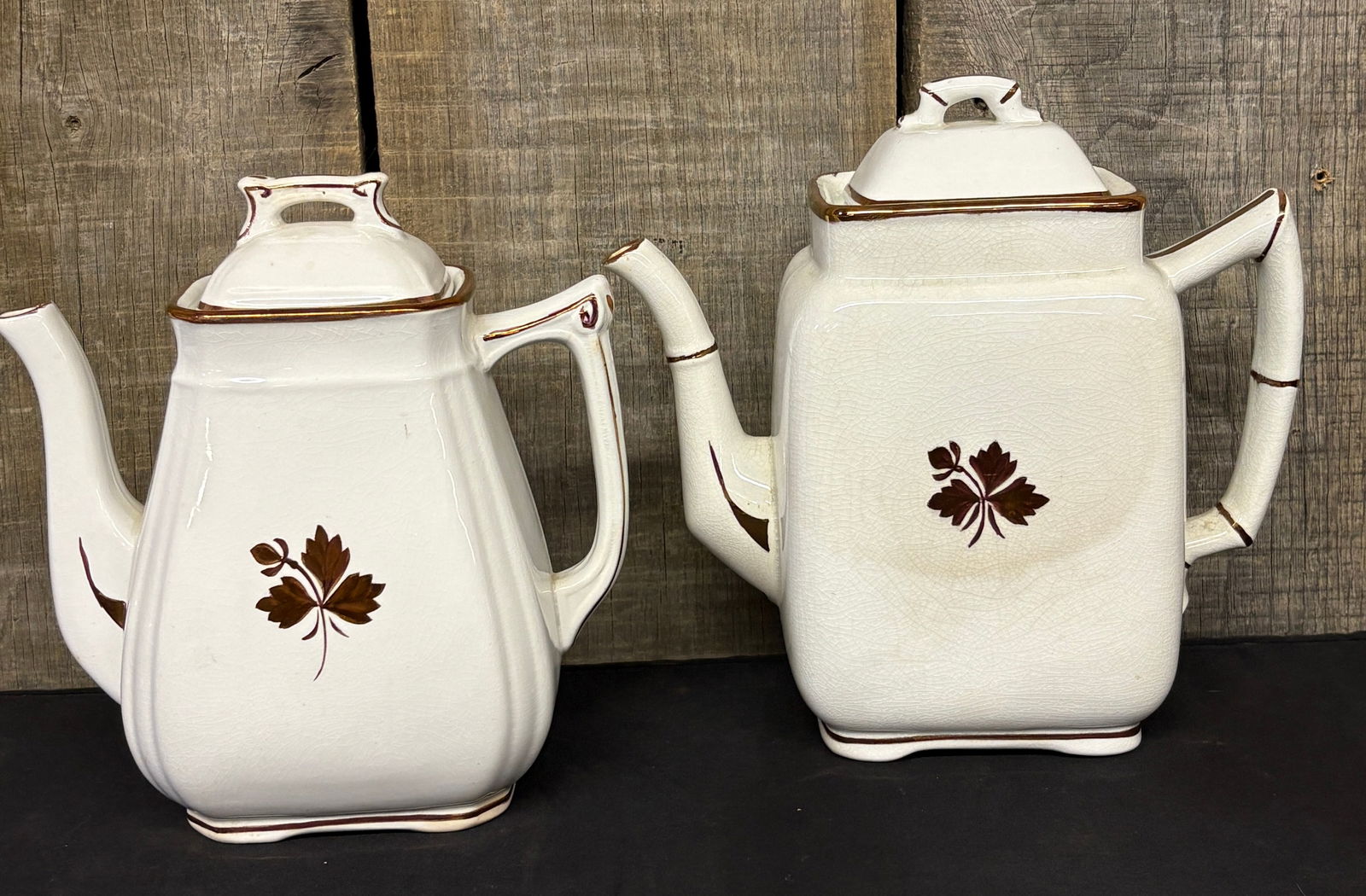 Two (2) Antique Royal Ironstone China Tea Pots w/ Lids in Tea Leaf Pattern, by Alfred Meakin, (1 of 7)