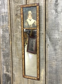 Antique Victorian Mirror with Young Girl Litho and Upholstered Border 8"X30"