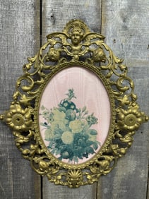 Antique Victorian Figural Cherub Cast Iron Wall Flower Decoration 19"X22"