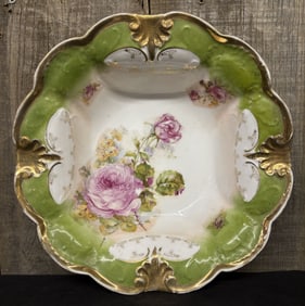 Antique Gold Trimmed Porcelain Bowl w/ Rose Pattern