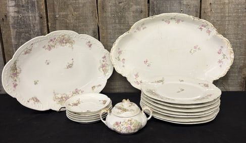 Vintage 1945 Homer Laughlin Maple Leaf Pink Floral Large Oval Platters, Sugar Dish and Plates