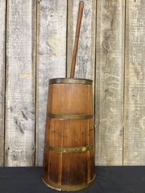 Antique Wooden Butter Churn w/ Dasher, 3 Brass-looking Rings and Fitted Lid