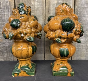Pair Of Early Stoneware Topiary Centerpieces Or Mantle Decoration