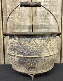 Antique Cast Iron Footed Cauldron with Wooden Handle