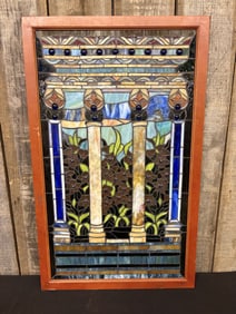 Art Nouveau Style Stained Glass Window With Column And Floral Designs