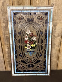 Art Nouveau Style Stained Glass Window Florals in Double Handled Vase