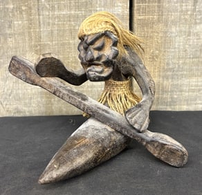 Vintage Native African Hand Carved Wooden Figure in Canoe w/ Oar