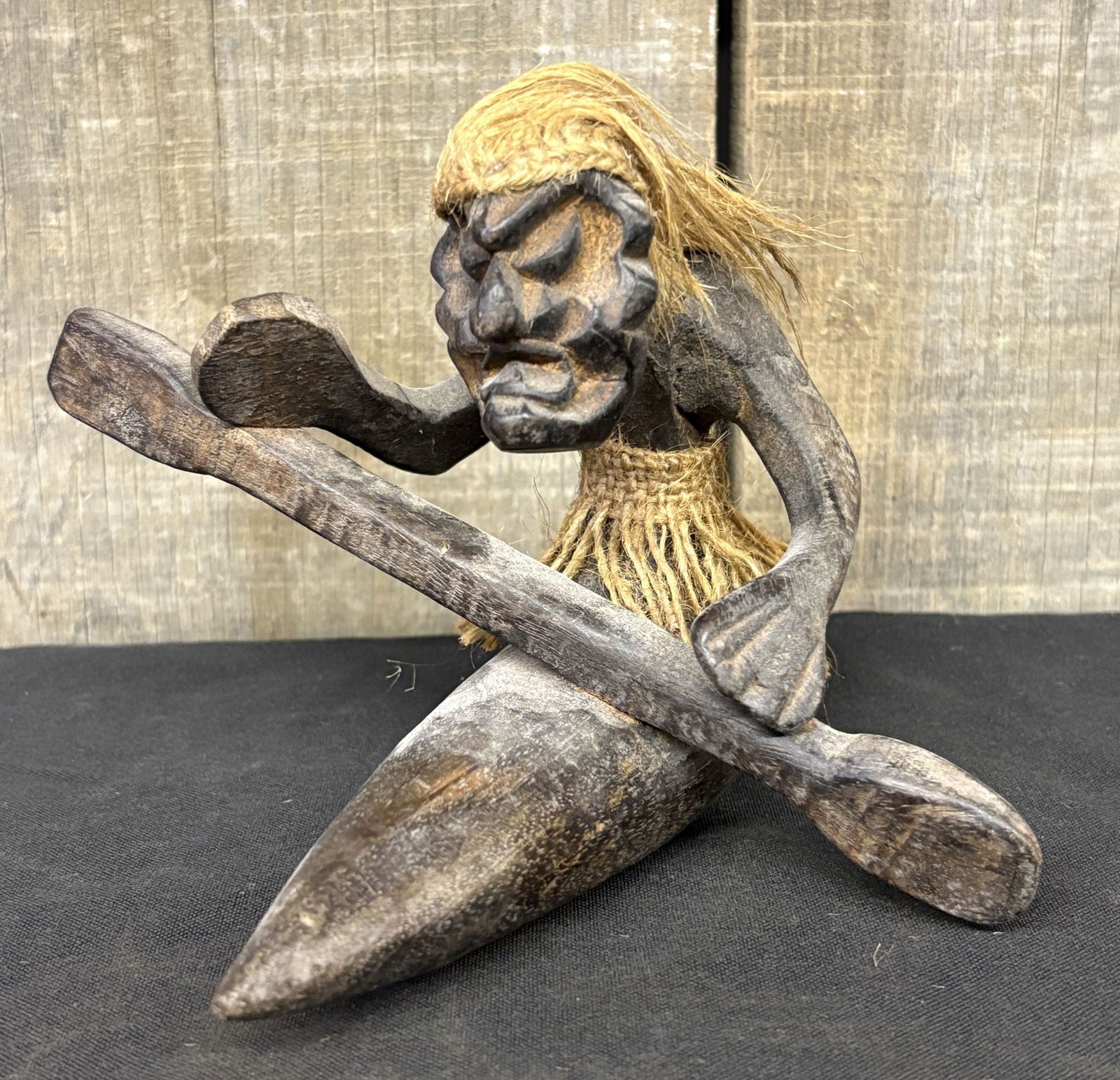 Vintage Native African Hand Carved Wooden Figure in Canoe With Oar 7"X9"X5" (1 of 4)