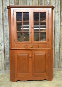 Antique 19th Century Cherry Corner Cupboard Cabinet, Glass Doors w/ One Drawer