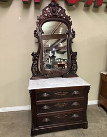 Rosewood Victorian Marble Top Dresser with Ornate Carving