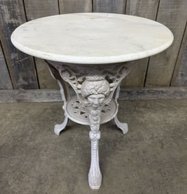 Late Victorian Circular Cast Iron Pub Table with White Marble Top with a Feminine Figural Design
