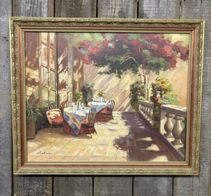Framed Oil on Canvas depicting a Vibrant Terrace Dinning Scene, Signed by Andrade