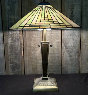 Vintage Tiffany Style Slag Glass Mission Table/Desk Lamp 17"X26": Vintage Tiffany Style Slag Glass Mission Table/Desk Lamp 17"X26"