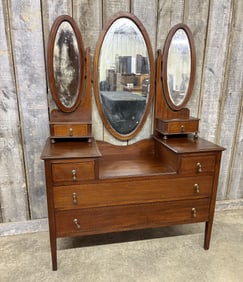 Stunning Antique Mahogany Ladies Vanity Featuring String Inlay with Glove Boxes and Triptych Mirror