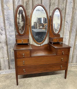 Antique Sheraton Style Mahogany Ladies Vanity Featuring String Inlay with Glove Boxes and Triple Mir: Antique Sheraton Style Mahogany Ladies Vanity Featuring String Inlay with Glove Boxes and Triple Mirror 20"X45"X66"