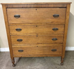 Antique Pine Chest of Four (4) Drawers on Bun Feet