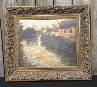 "Village On The Bank Of A Stream" by Frits Thaulow. Framed Reproduction Print in Orante Frame
