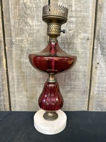 Antique Tall Electrified Cranberry Glass Kerosene Oil Lamp, missing chimney