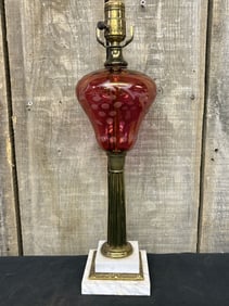 Antique Table Lamp Cranberry Ruby Glass Cut Etched to Clear with Marble Base