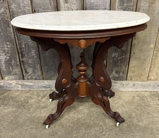Large Oval Walnut Victorian Renaissance Revival Marble Top Center Table