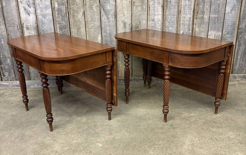 Pair Of Early 1800s Federal Cherry Banquet End Tables With Turned Legs 46"X96"X30" - Together.: Pair Of Early 1800s Federal Cherry Banquet End Tables With Turned Legs 46"X96"X30" - Together.