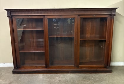 Antique Oak Breakfront Bookcase featuring Molded Cornice, w/ Decorative elements like Greek Style