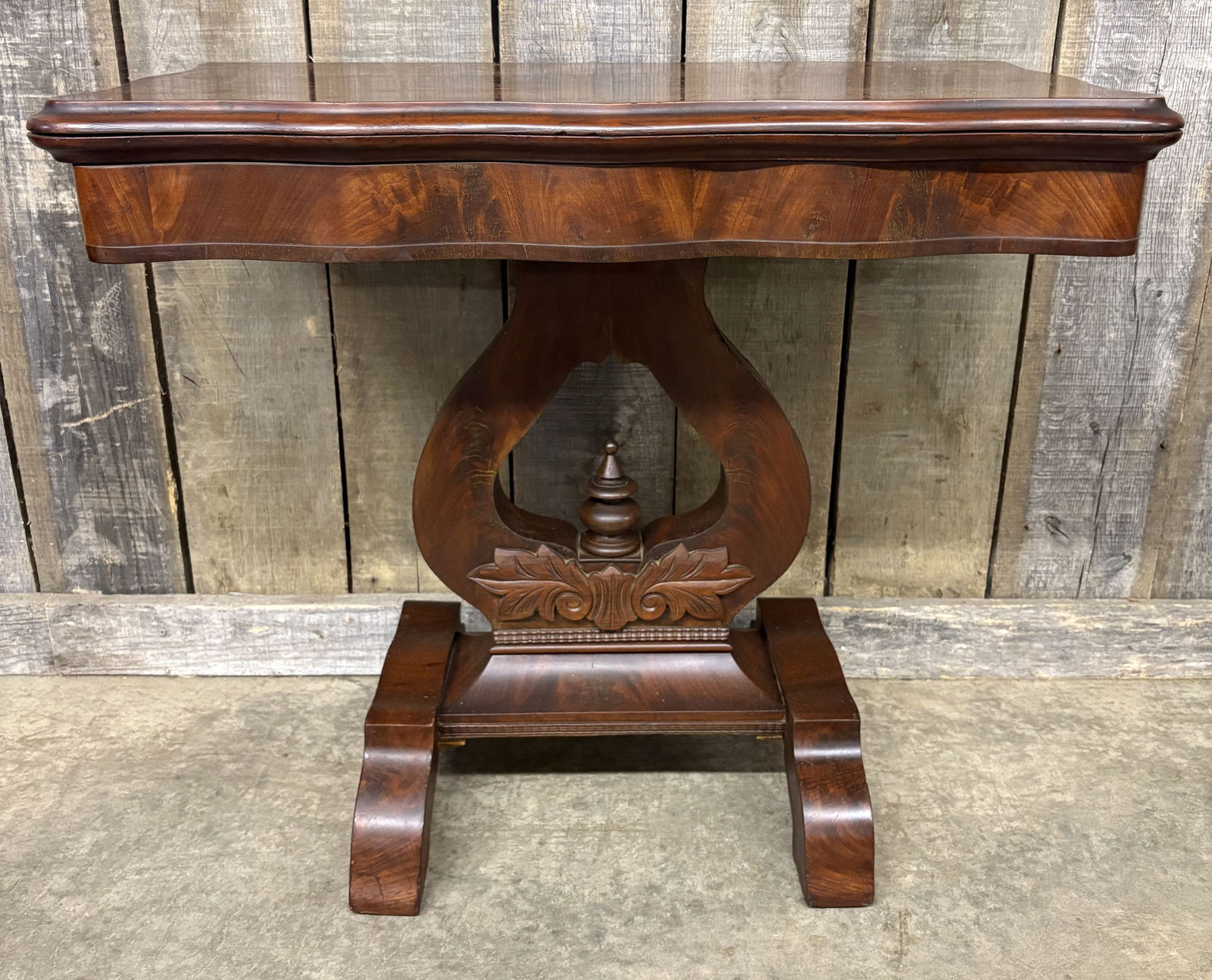 Antique American Empire Flame Mahogany Game Table featuring a Serpentine Top and Lyre-shaped Support (1 of 7)