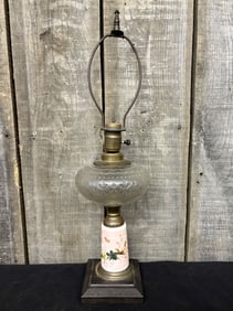 Antique Victorian Hand Painted Pedestal Kerosene Lamp, Converted