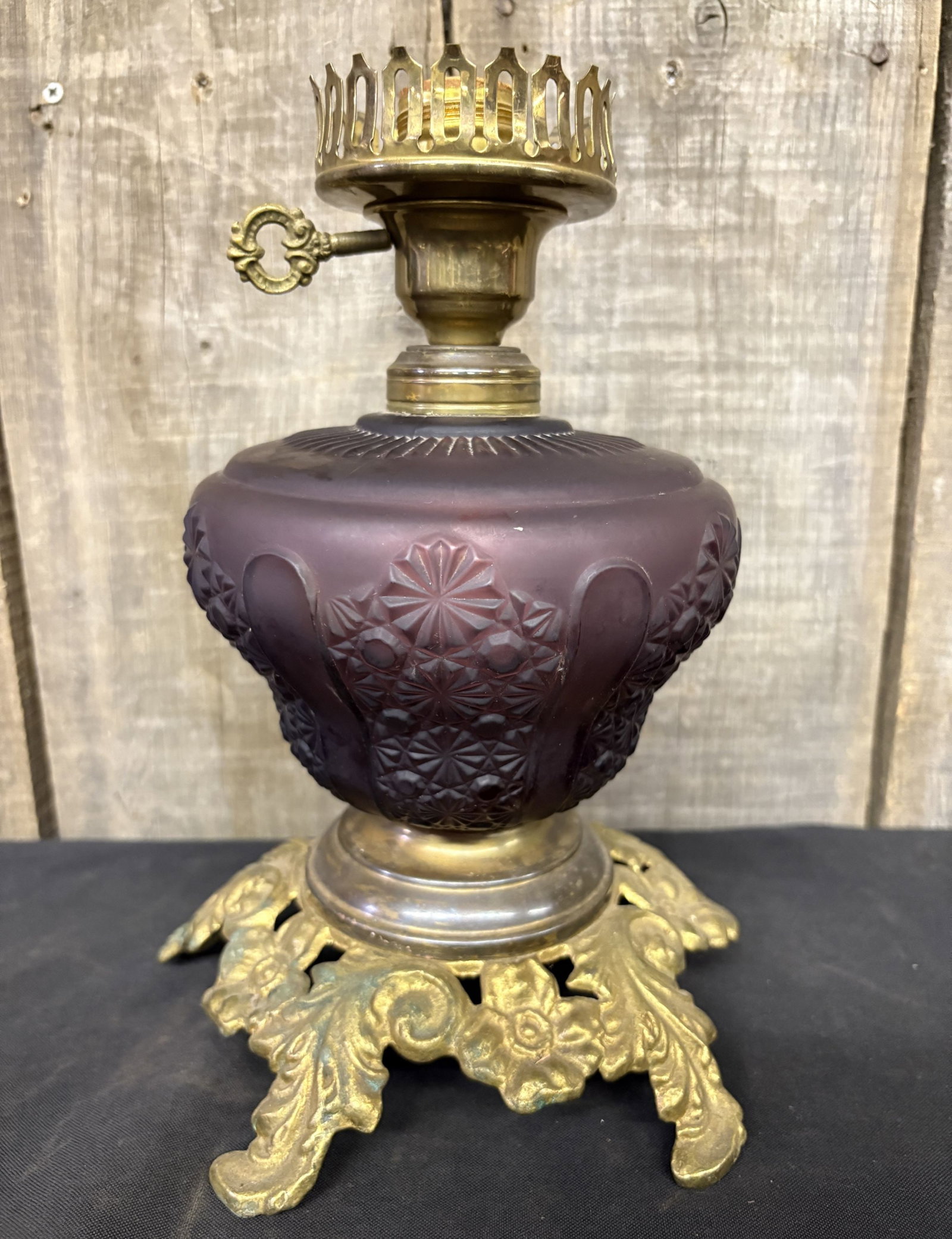 Antique Ornate Brass Oil Lamp with Amethyst Glass Front 8"X11": Antique Ornate Brass Oil Lamp with Amethyst Glass Front 8"X11"