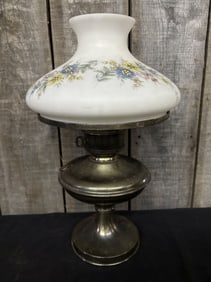 Aladdin Style Kerosene Oil Lamp White Floral Glass, Converted